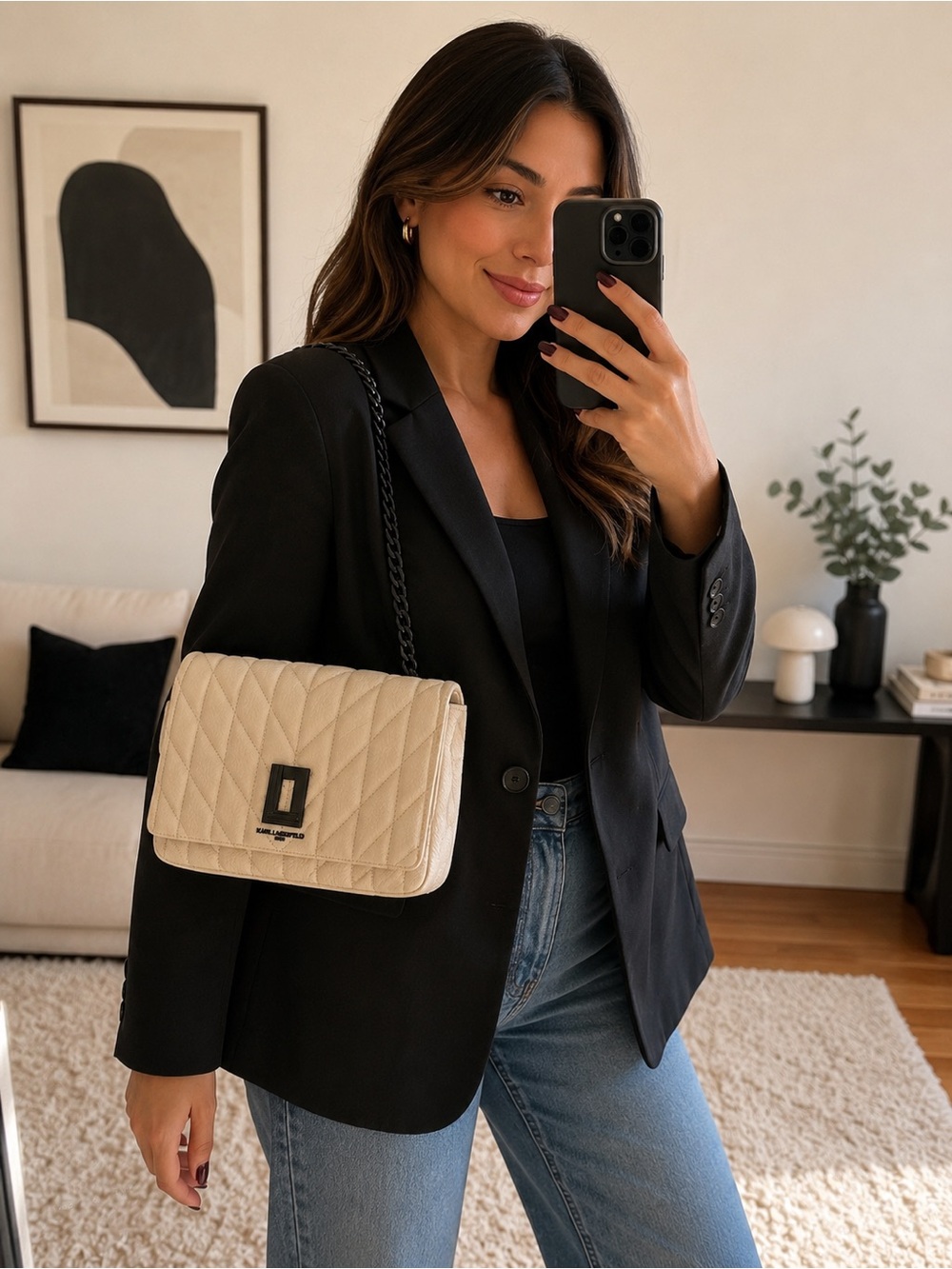 Cream Quilted Shoulder Bag with Chain Strap